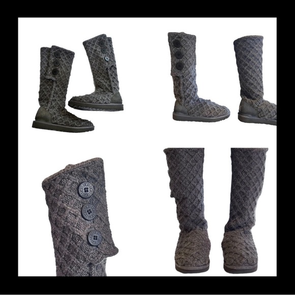 Tall UGG gray three button waffle knit boots Fold up or down worn tall or short - Picture 14 of 17